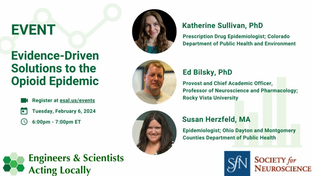 Event promotional image for ESAL's Evidence-driven Solutions to the Opioid Epidemic" event on February 8, 2024