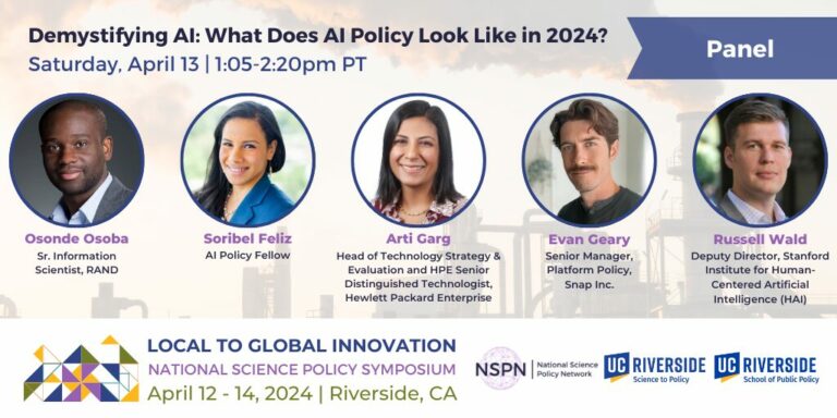 Panel promotion image for the NSPN Symposium session "Demystifying AI: What does AI policy look like in 2024?"